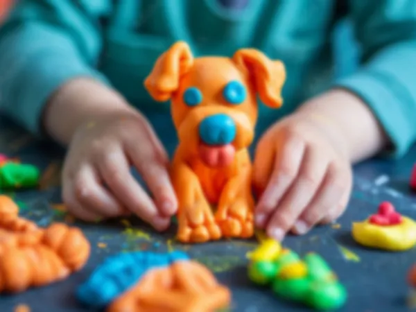A child shaping an orange clay dog with both hands